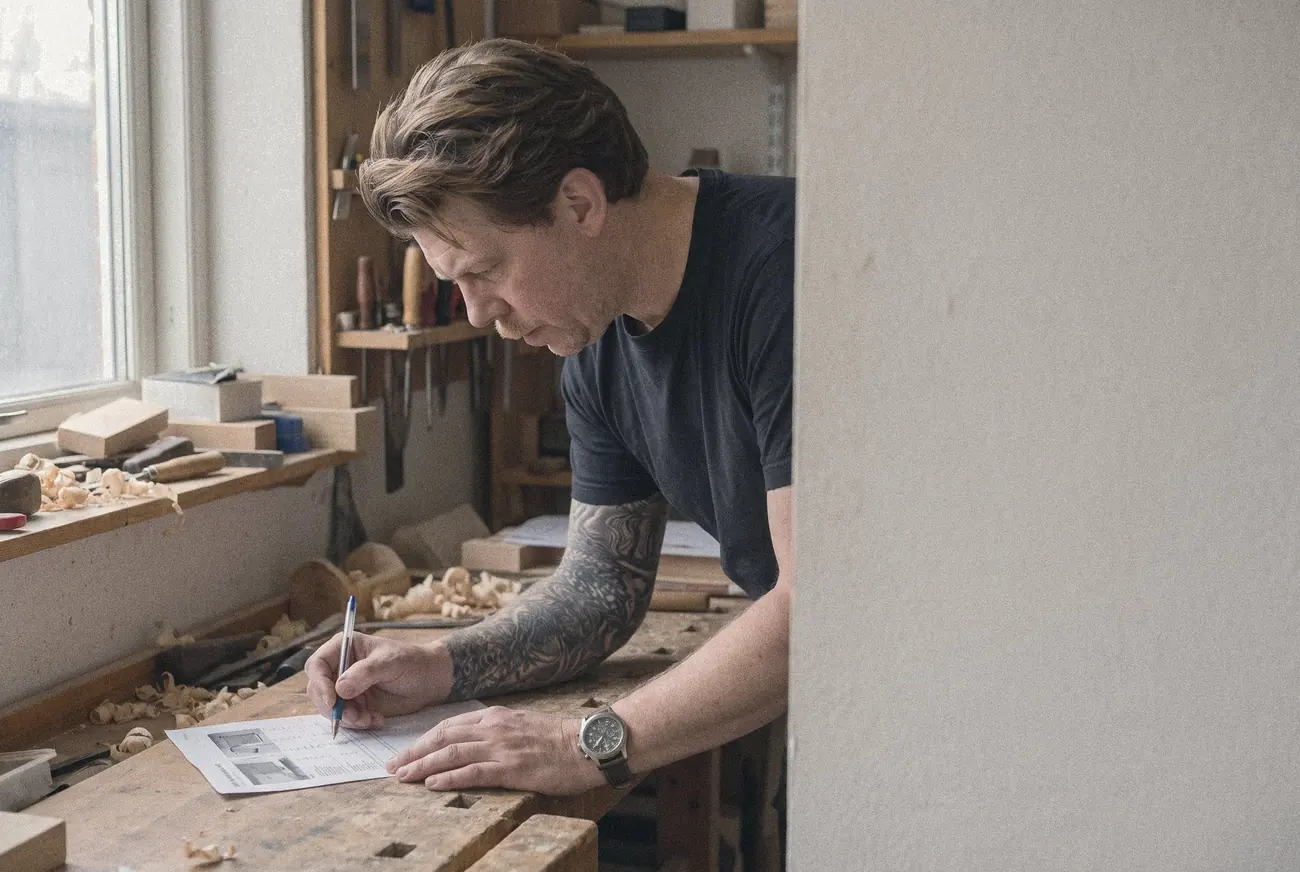 Jonas markerer en udskrift ved en høvlebænk. Udskriften og pennen er ringet ind