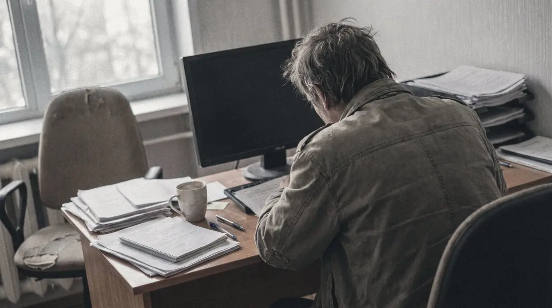 Set over skulderen på en person ved et skrivebord. Papirbunken ved siden af skærmen er ringet ind